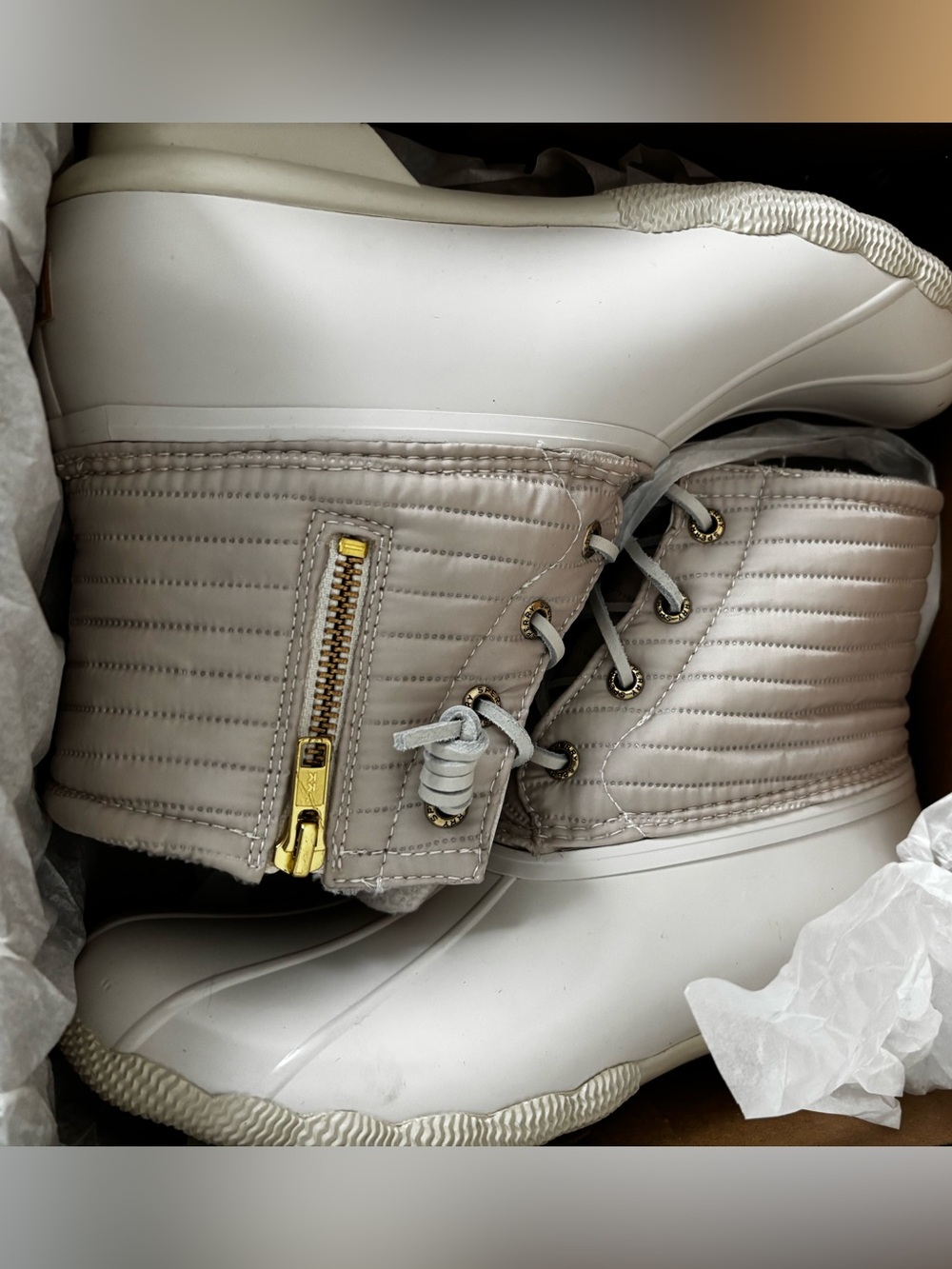 Sperry Quilted Lace-Up Waterproof Rain Boots in Ivory & Taupe with Gold Hardware